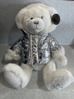 FAO Schwarz White Polar Teddy Bear Plush W/Metallic Silver Puffer Coat 2020